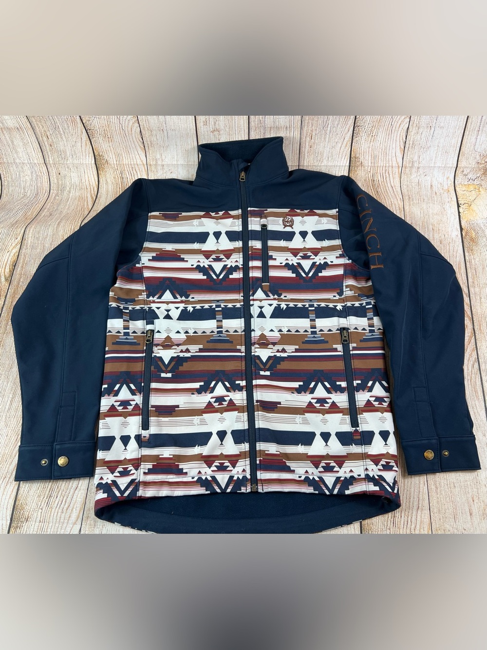 Mens Cinch Western Navy Bonded Aztec Soft Shell Jacket Full Zip Size XS